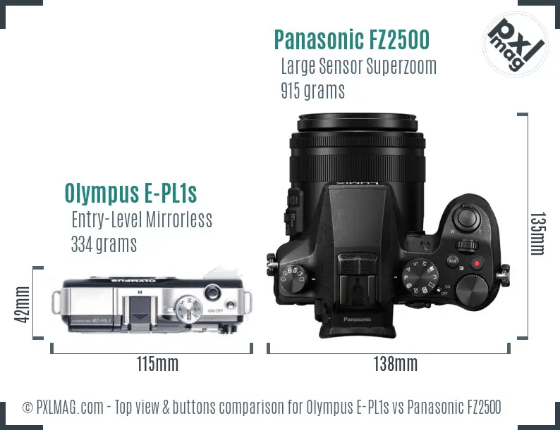 Olympus E-PL1s vs Panasonic FZ2500 top view buttons comparison