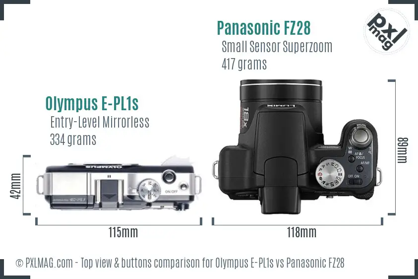 Olympus E-PL1s vs Panasonic FZ28 top view buttons comparison