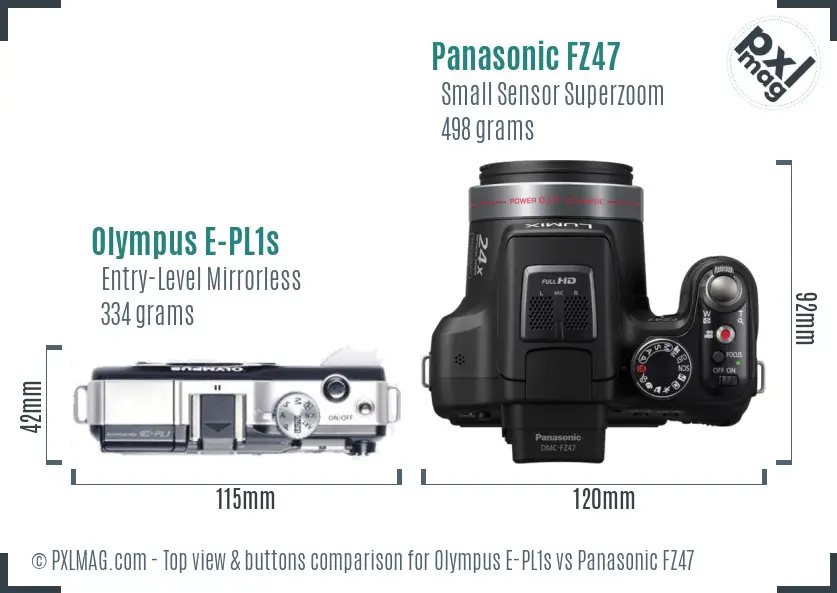 Olympus E-PL1s vs Panasonic FZ47 top view buttons comparison