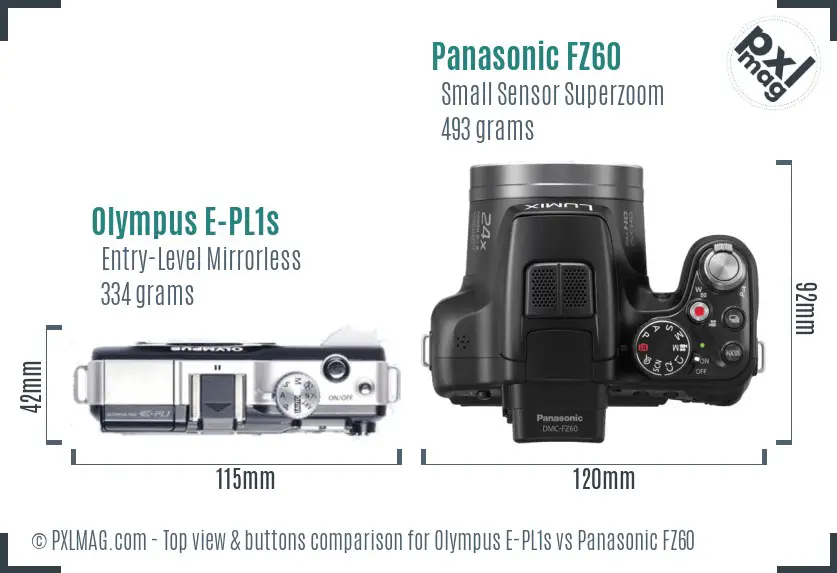 Olympus E-PL1s vs Panasonic FZ60 top view buttons comparison