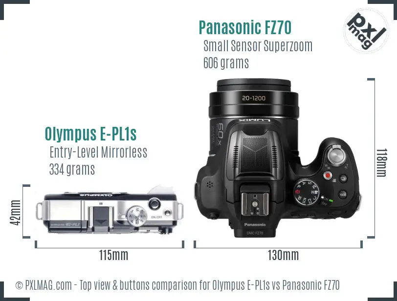 Olympus E-PL1s vs Panasonic FZ70 top view buttons comparison