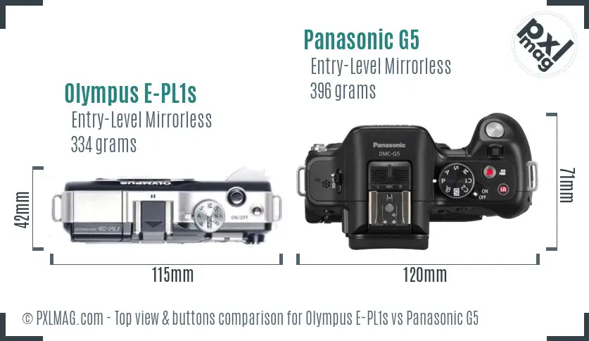 Olympus E-PL1s vs Panasonic G5 top view buttons comparison