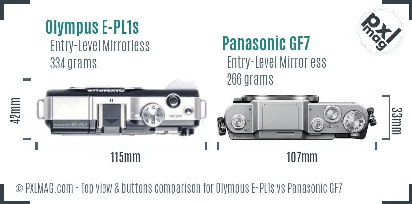 Olympus E-PL1s vs Panasonic GF7 top view buttons comparison