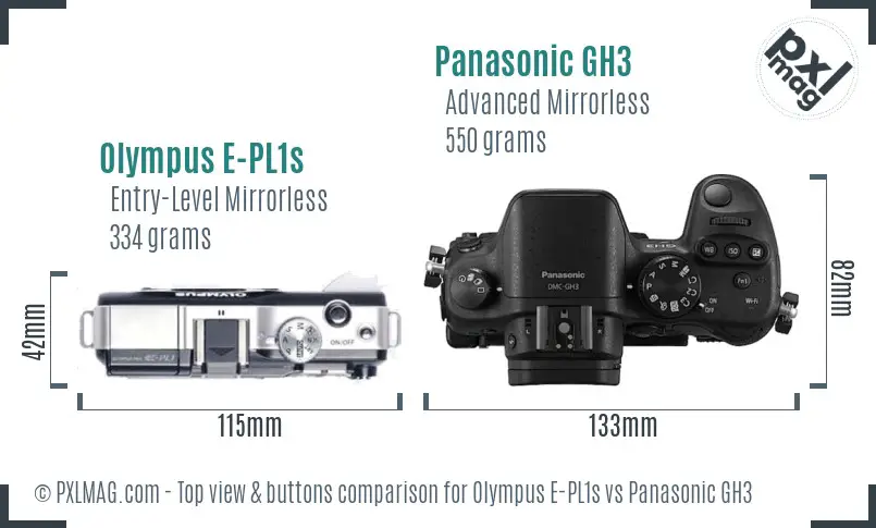 Olympus E-PL1s vs Panasonic GH3 top view buttons comparison