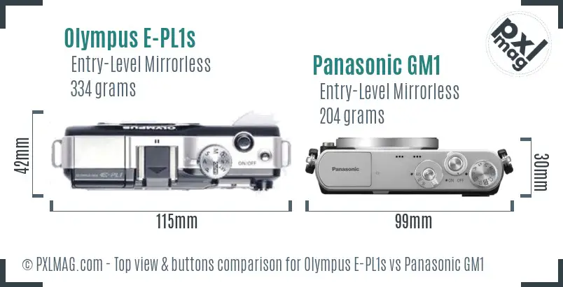 Olympus E-PL1s vs Panasonic GM1 top view buttons comparison