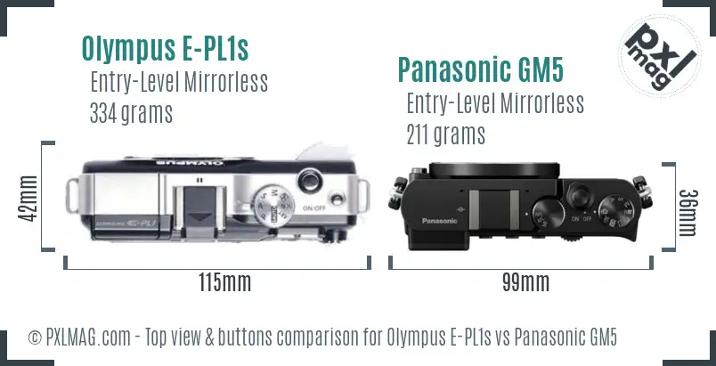Olympus E-PL1s vs Panasonic GM5 top view buttons comparison
