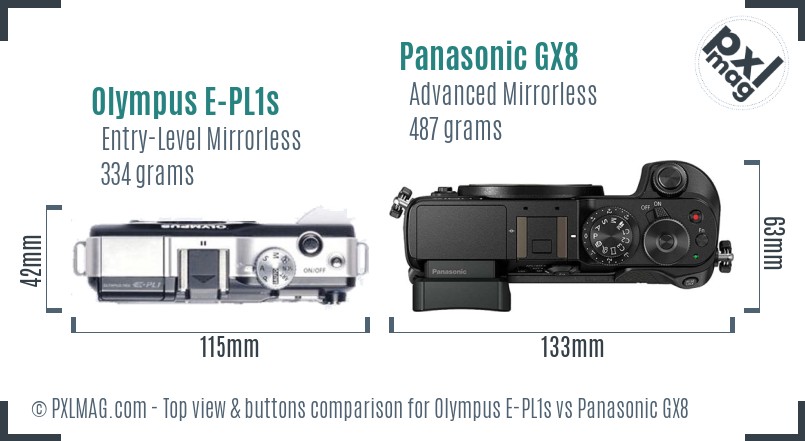 Olympus E-PL1s vs Panasonic GX8 top view buttons comparison