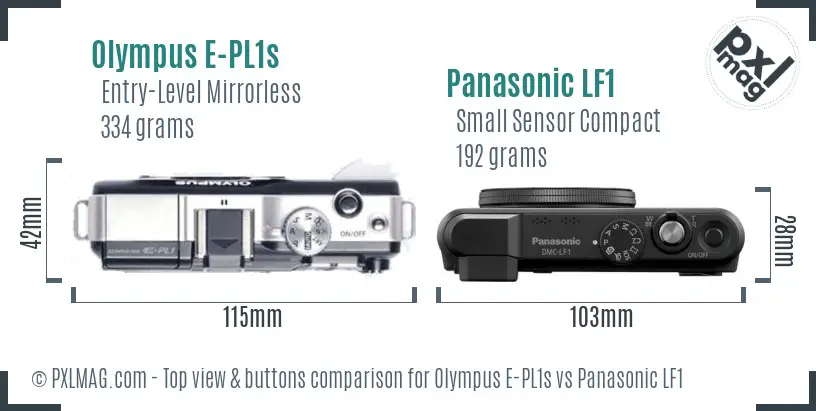 Olympus E-PL1s vs Panasonic LF1 top view buttons comparison