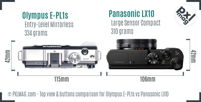 Olympus E-PL1s vs Panasonic LX10 top view buttons comparison