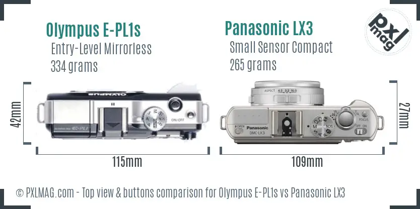 Olympus E-PL1s vs Panasonic LX3 top view buttons comparison