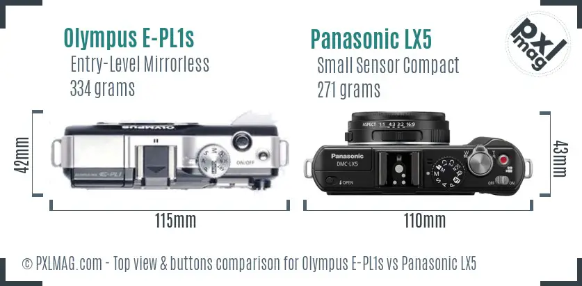 Olympus E-PL1s vs Panasonic LX5 top view buttons comparison