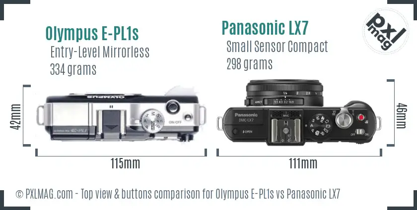 Olympus E-PL1s vs Panasonic LX7 top view buttons comparison