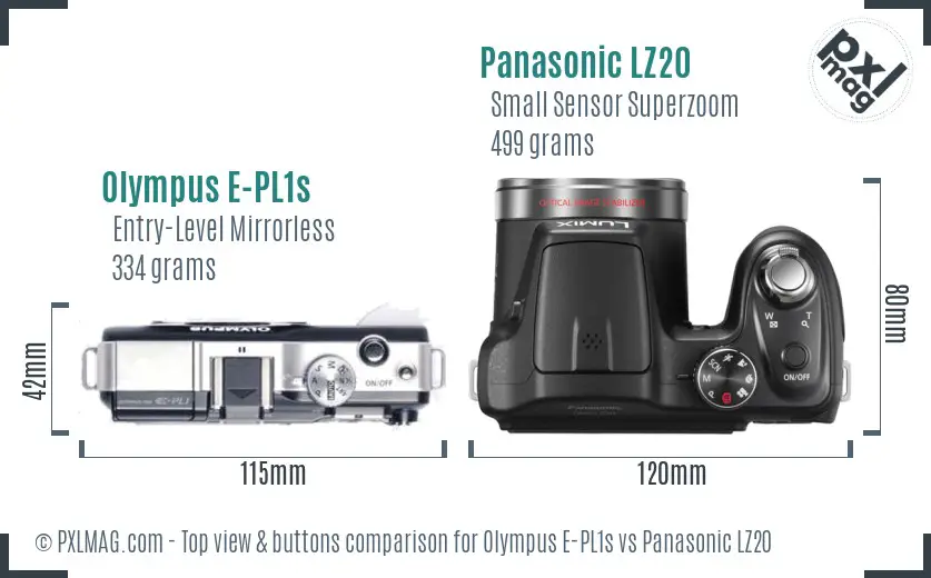 Olympus E-PL1s vs Panasonic LZ20 top view buttons comparison