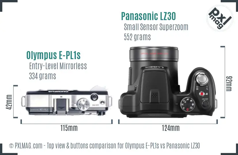 Olympus E-PL1s vs Panasonic LZ30 top view buttons comparison