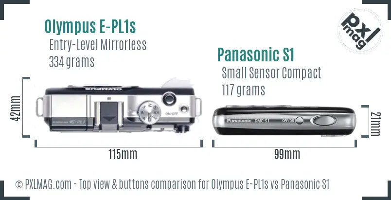 Olympus E-PL1s vs Panasonic S1 top view buttons comparison