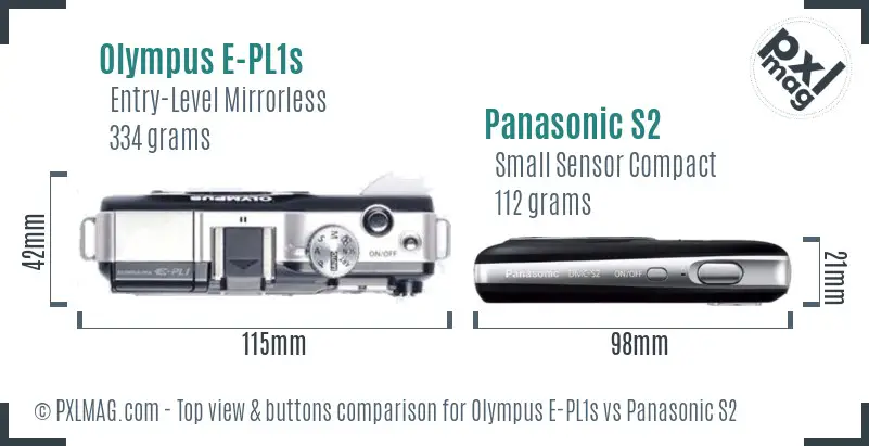 Olympus E-PL1s vs Panasonic S2 top view buttons comparison