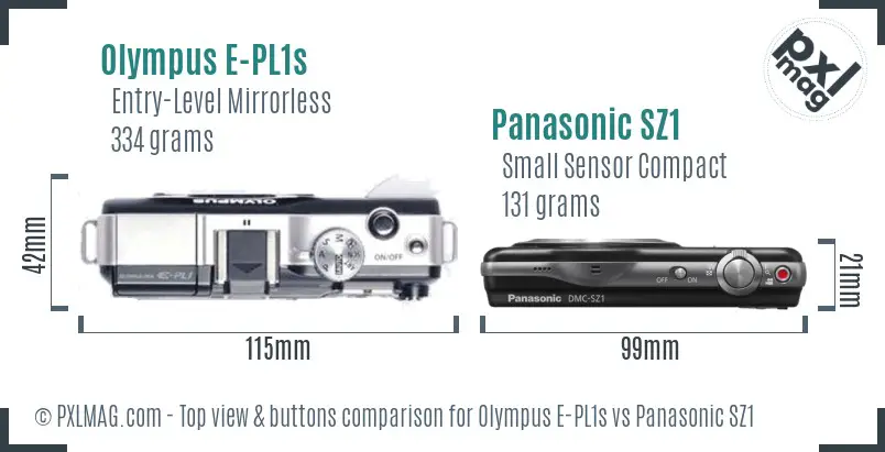 Olympus E-PL1s vs Panasonic SZ1 top view buttons comparison