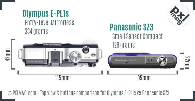 Olympus E-PL1s vs Panasonic SZ3 top view buttons comparison
