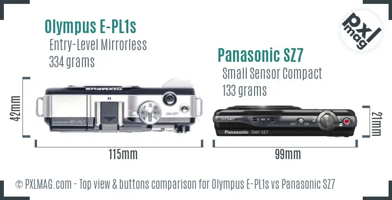 Olympus E-PL1s vs Panasonic SZ7 top view buttons comparison