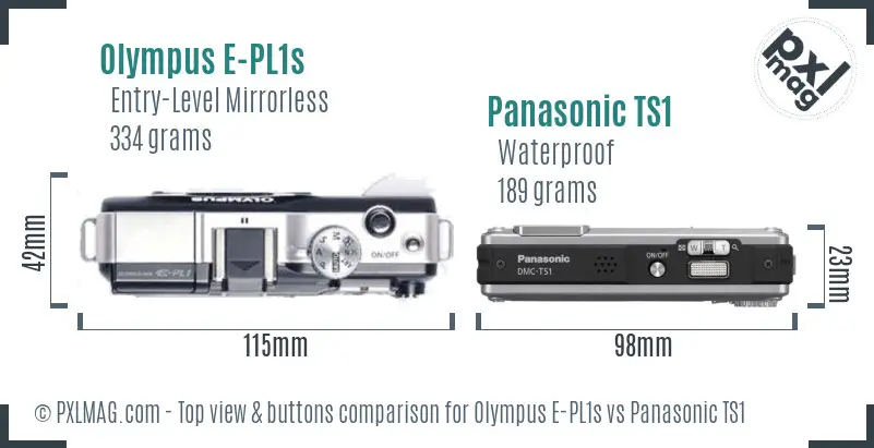 Olympus E-PL1s vs Panasonic TS1 top view buttons comparison