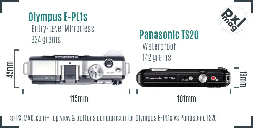 Olympus E-PL1s vs Panasonic TS20 top view buttons comparison