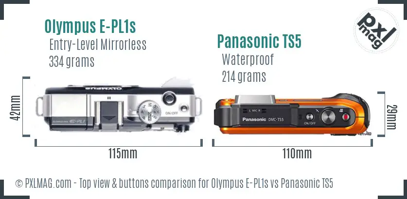 Olympus E-PL1s vs Panasonic TS5 top view buttons comparison