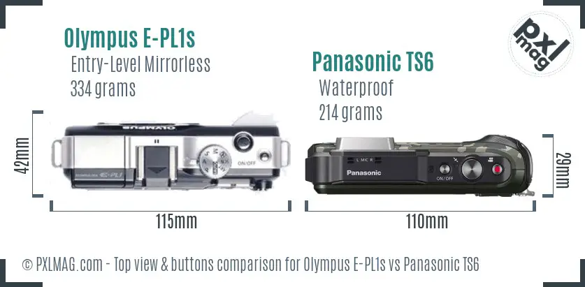 Olympus E-PL1s vs Panasonic TS6 top view buttons comparison