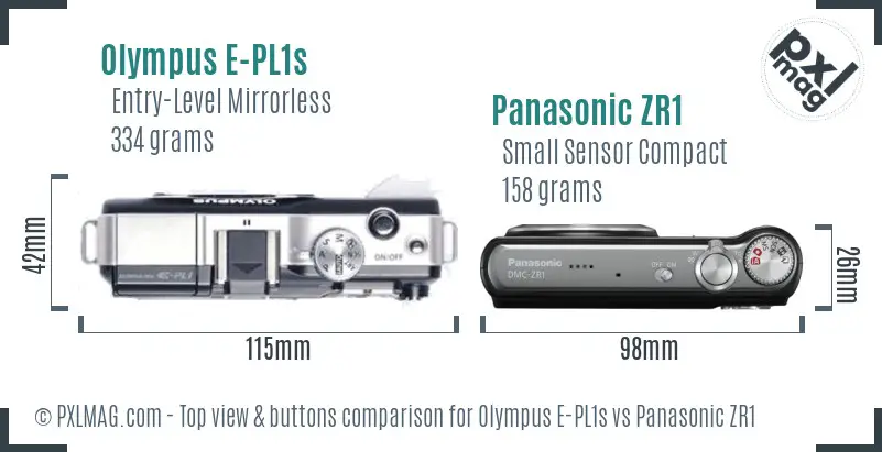 Olympus E-PL1s vs Panasonic ZR1 top view buttons comparison