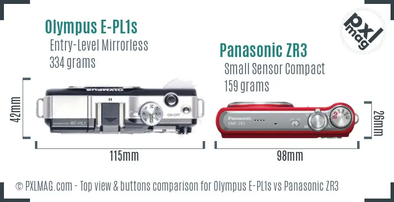 Olympus E-PL1s vs Panasonic ZR3 top view buttons comparison