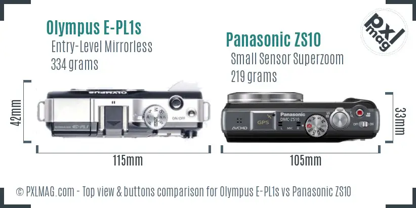 Olympus E-PL1s vs Panasonic ZS10 top view buttons comparison