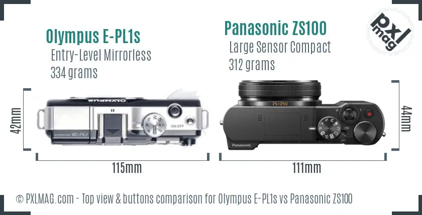 Olympus E-PL1s vs Panasonic ZS100 top view buttons comparison