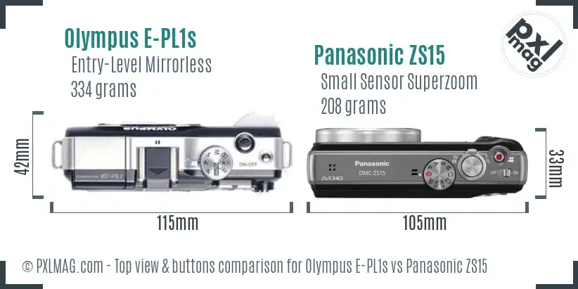 Olympus E-PL1s vs Panasonic ZS15 top view buttons comparison