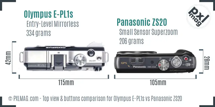 Olympus E-PL1s vs Panasonic ZS20 top view buttons comparison