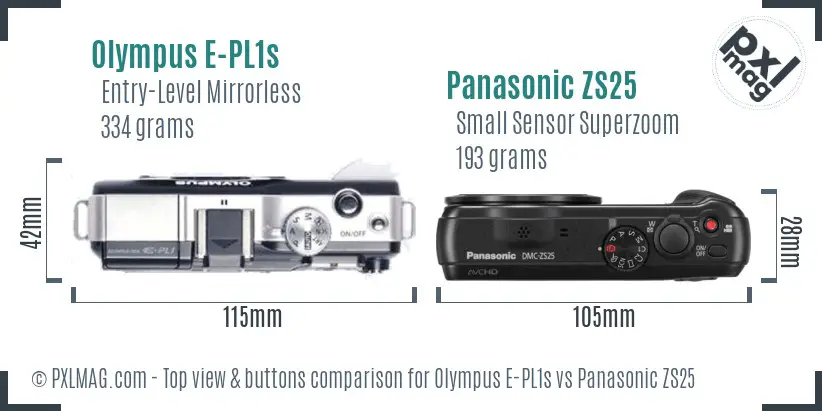 Olympus E-PL1s vs Panasonic ZS25 top view buttons comparison