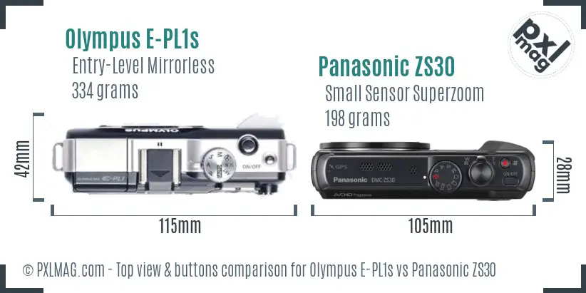 Olympus E-PL1s vs Panasonic ZS30 top view buttons comparison