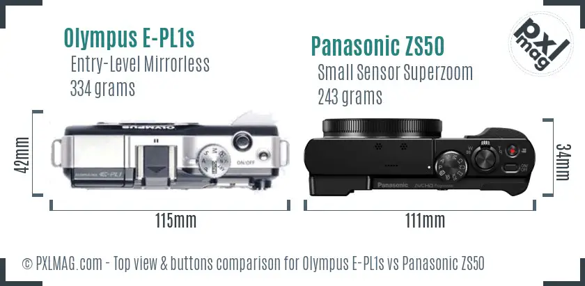 Olympus E-PL1s vs Panasonic ZS50 top view buttons comparison