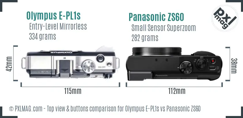 Olympus E-PL1s vs Panasonic ZS60 top view buttons comparison