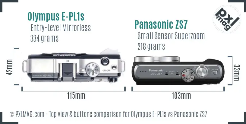 Olympus E-PL1s vs Panasonic ZS7 top view buttons comparison