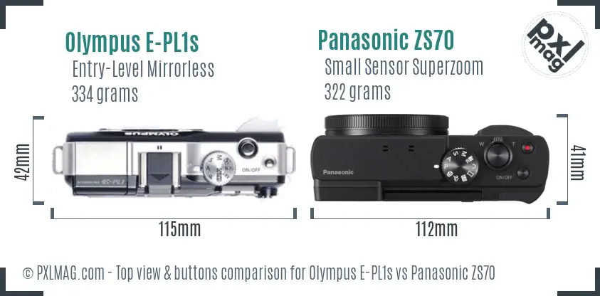 Olympus E-PL1s vs Panasonic ZS70 top view buttons comparison