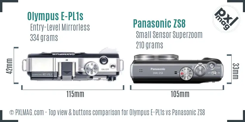 Olympus E-PL1s vs Panasonic ZS8 top view buttons comparison