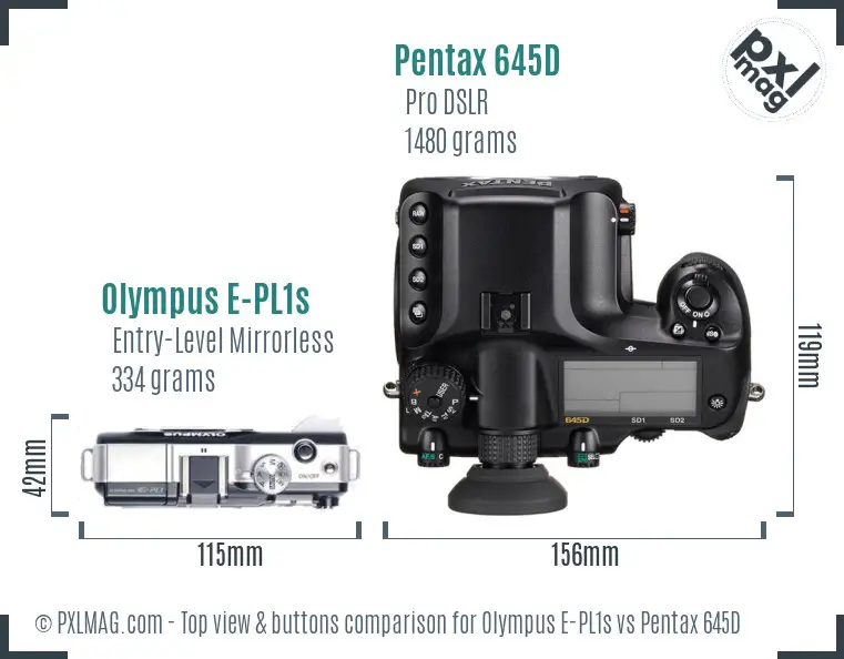 Olympus E-PL1s vs Pentax 645D top view buttons comparison