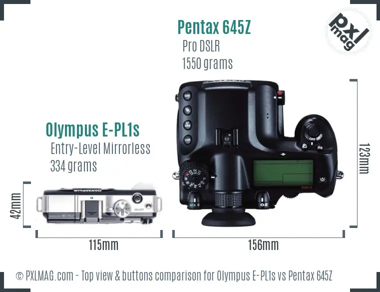 Olympus E-PL1s vs Pentax 645Z top view buttons comparison