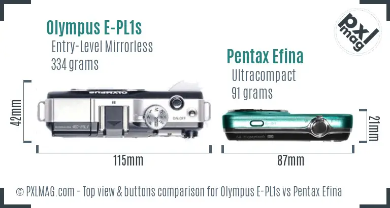 Olympus E-PL1s vs Pentax Efina top view buttons comparison