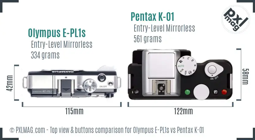 Olympus E-PL1s vs Pentax K-01 top view buttons comparison