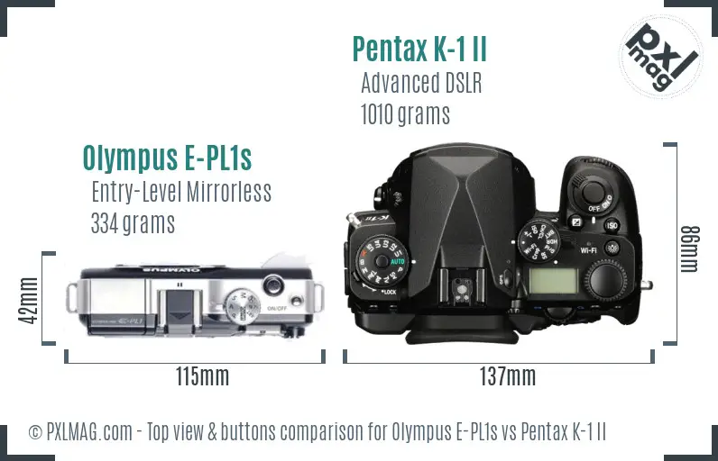 Olympus E-PL1s vs Pentax K-1 II top view buttons comparison