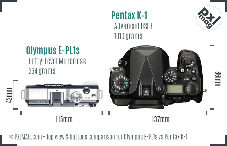 Olympus E-PL1s vs Pentax K-1 top view buttons comparison