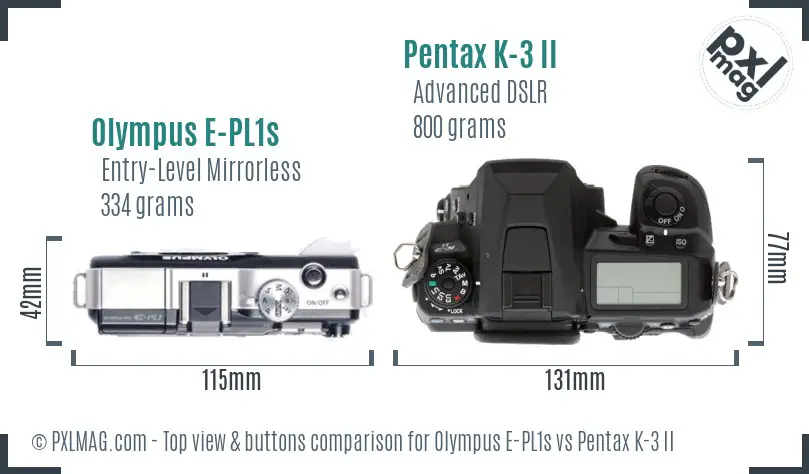 Olympus E-PL1s vs Pentax K-3 II top view buttons comparison