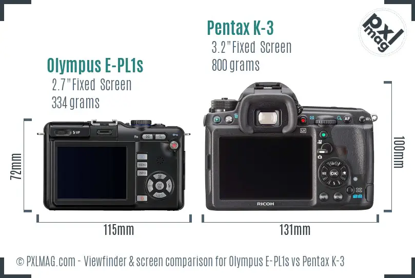 Olympus E-PL1s vs Pentax K-3 Screen and Viewfinder comparison