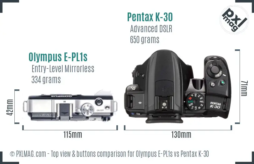Olympus E-PL1s vs Pentax K-30 top view buttons comparison