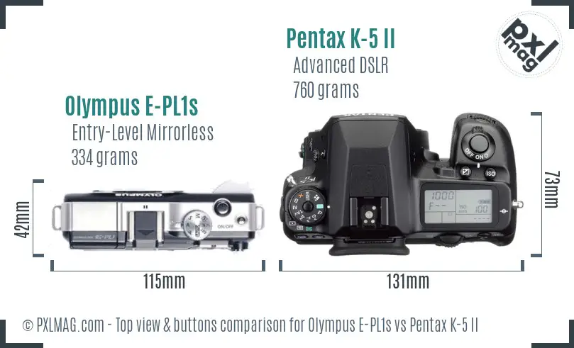 Olympus E-PL1s vs Pentax K-5 II top view buttons comparison